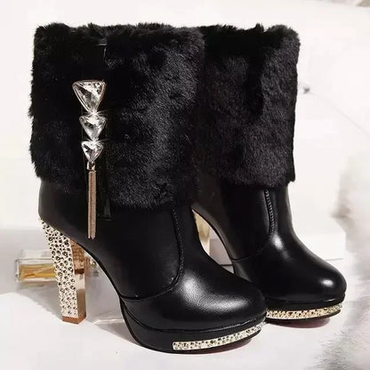 Black faux-fur ankle boots with high heels, platform soles, and rhinestone and crystal fringe details.