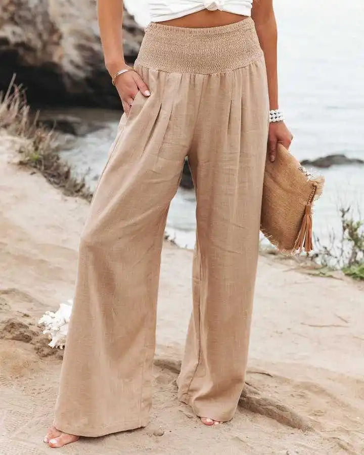 Women's Nylon-Cotton Blend Pants With Drawstring Wide-Leg And Mid Rise Breathable