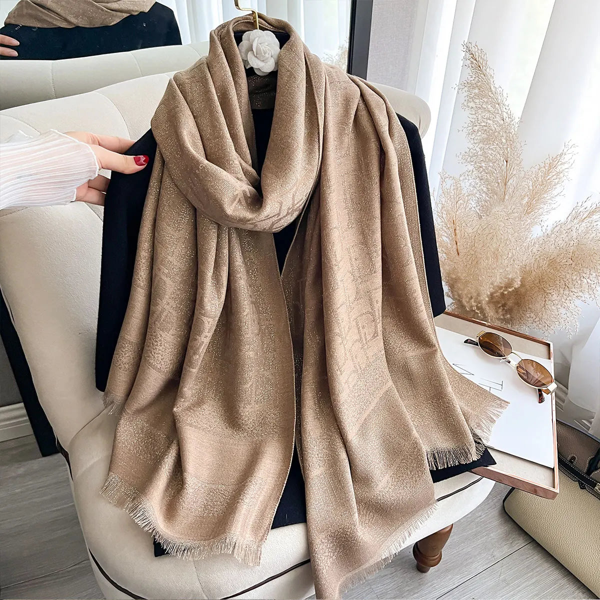 Golden Silk Blend Shawl Wrap for Women Long Scarf