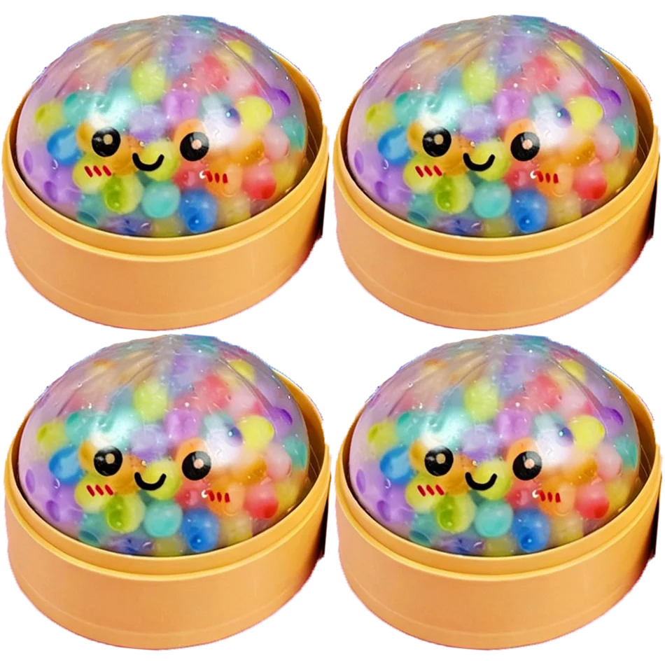 Multi-colored, soft foam dumpling fidget toy in a tan steamer basket for sensory stress relief and play.