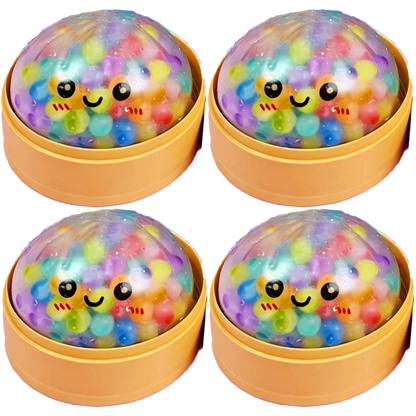 Multi-colored, soft foam dumpling fidget toy in a tan steamer basket for sensory stress relief and play.