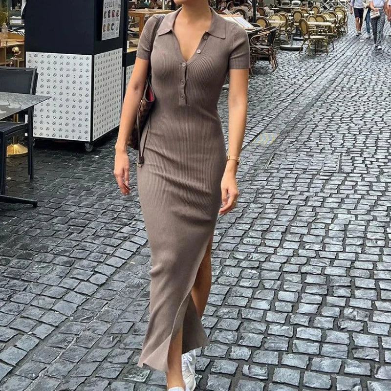 Breathable Silk Blend Maxi Dress With Turn Down Collar For Resort Wear