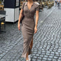 Breathable Silk Blend Maxi Dress With Turn Down Collar For Resort Wear