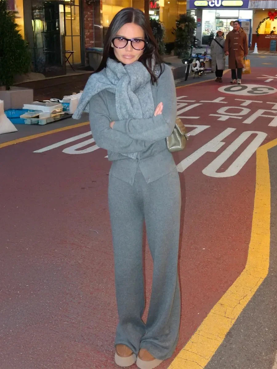 Women’s Knit Cardigan And Pants Set Slim Fit Long Sleeve Winter