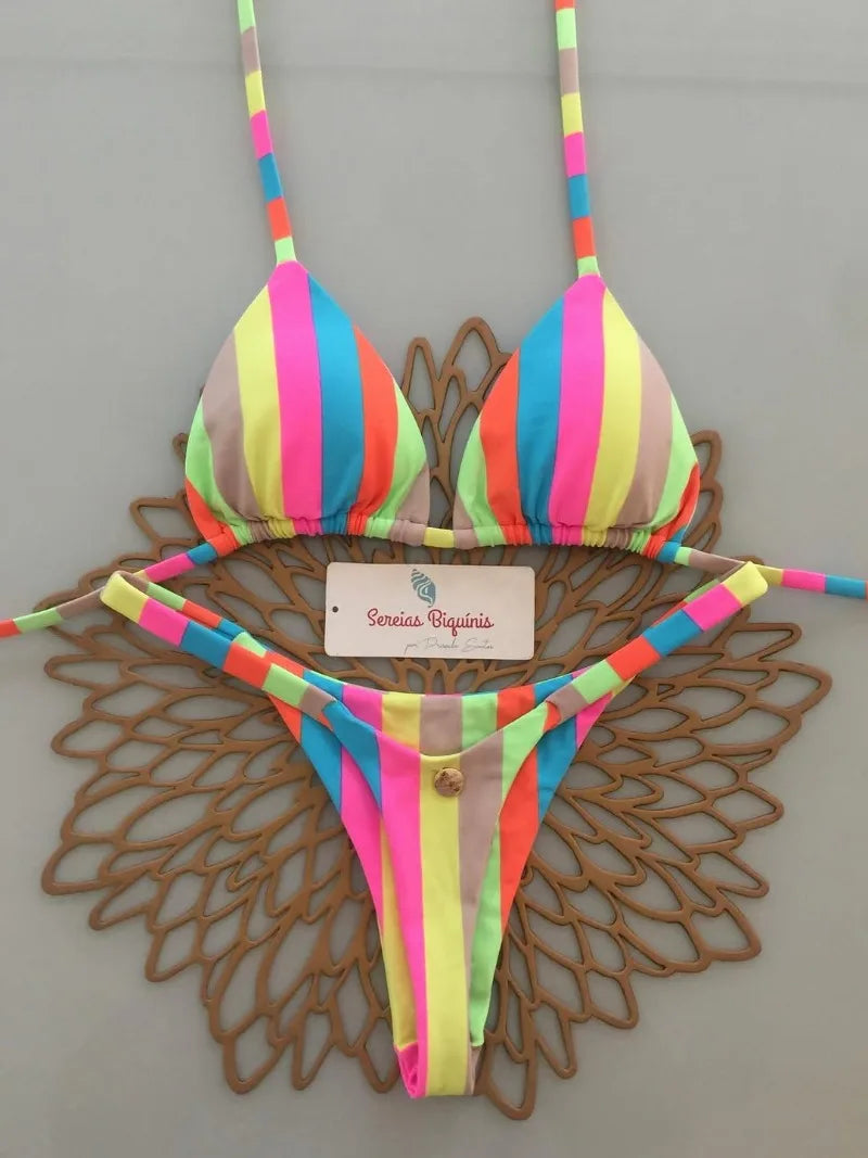 Women's Triangle Lace-Up Bikini Set with Adjustable Straps and Thong Bottom
