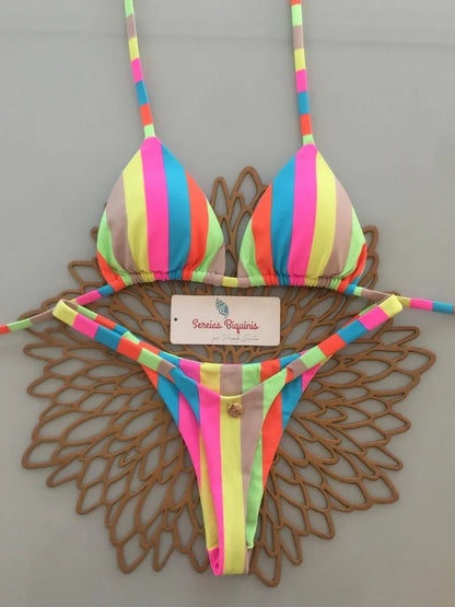 Women's Triangle Lace-Up Bikini Set with Adjustable Straps and Thong Bottom