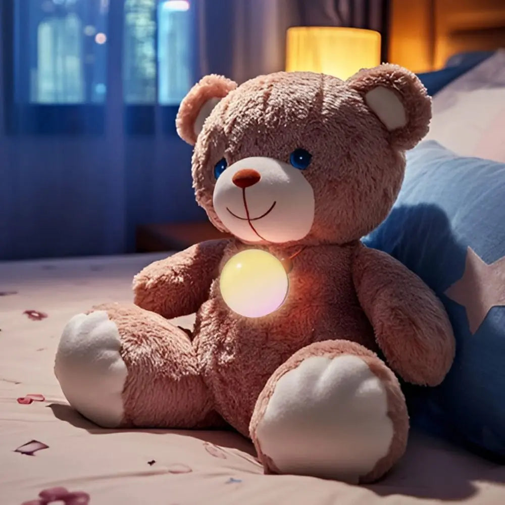 Brown plush robot toy with glowing LED chest light for interactive language learning in a bedroom setting.