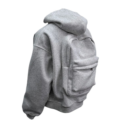 Street Style Backpack Hoodies Men Loose Zip Hooded Sweatshirt Attached Bags and Pockets Y2K Style Integrated School Bag Hoodie