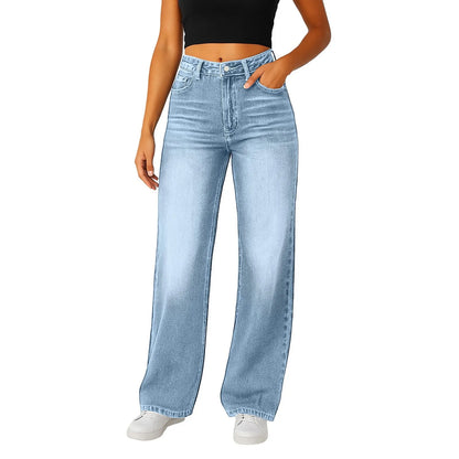 Soft Light Blue Wide Leg Jeans High Waist With Front Pockets Stretch