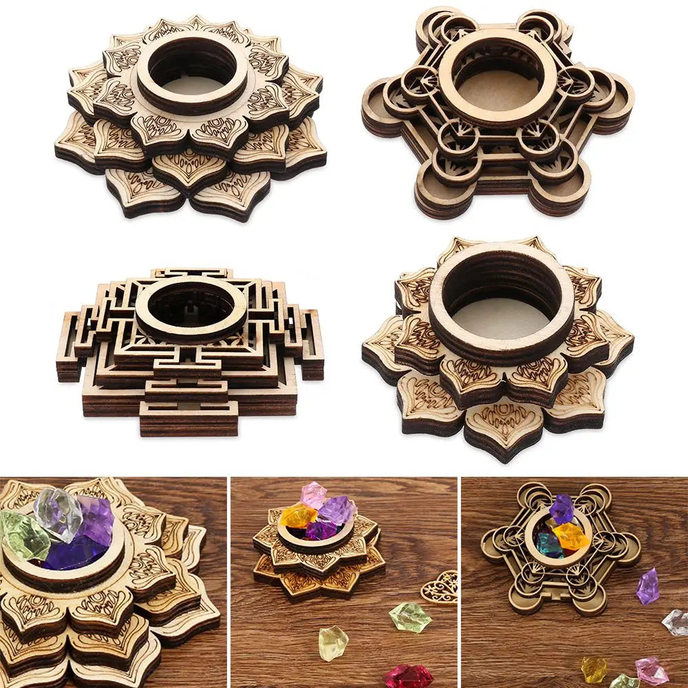 Light brown laser-cut wooden crystal holders featuring lotus and geometric patterns, some holding colorful crystal stones.