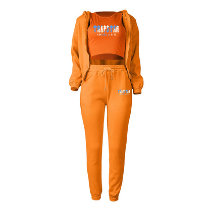 Orange plush knit sweater set with blue letter print and relaxed fit, a cozy loungewear clothing choice.