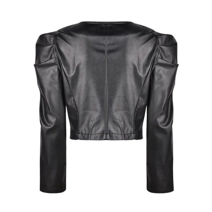 PU Leather Black Jacket Women Autumn Winter Fashin Casual Puff Sleeve O Neck Zipper Cropped Coats Slim Fit Streetwear Blazers