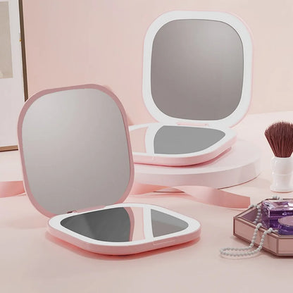 Portable Makeup Mirror with LED Fill Light Pocket Handheld Round Folding USB Charging Adjustable Hairdressing Tri Color Light