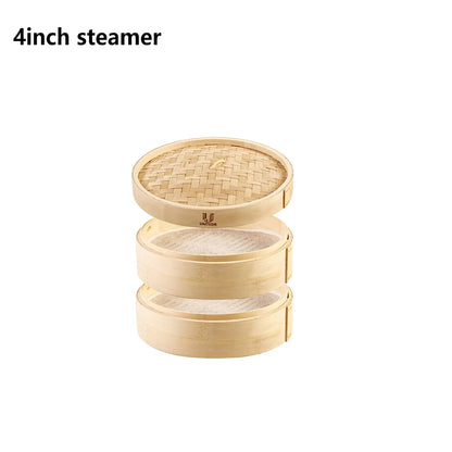 A 4-inch, two-tier natural bamboo dumpling steamer with a woven lid and liners.