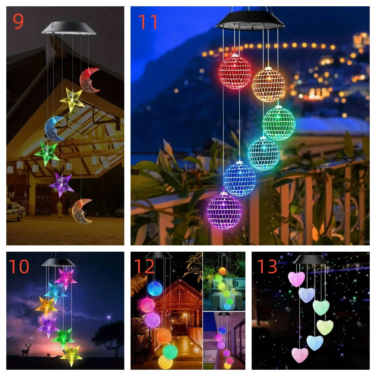 Home decor solar wind chimes with color changing LED lights for outdoor hanging