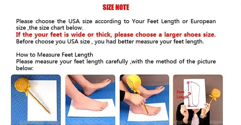 Instructional diagram showing steps to measure feet for strappy stiletto heels size chart.