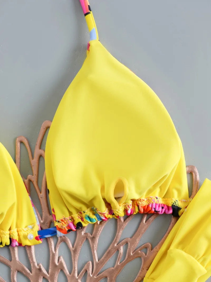 Women's Triangle Lace-Up Bikini Set with Adjustable Straps and Thong Bottom