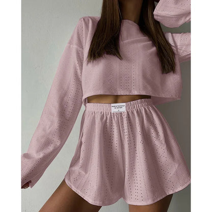 Soft Two-Piece Pajama Set with Long Sleeve Top and Shorts for Women