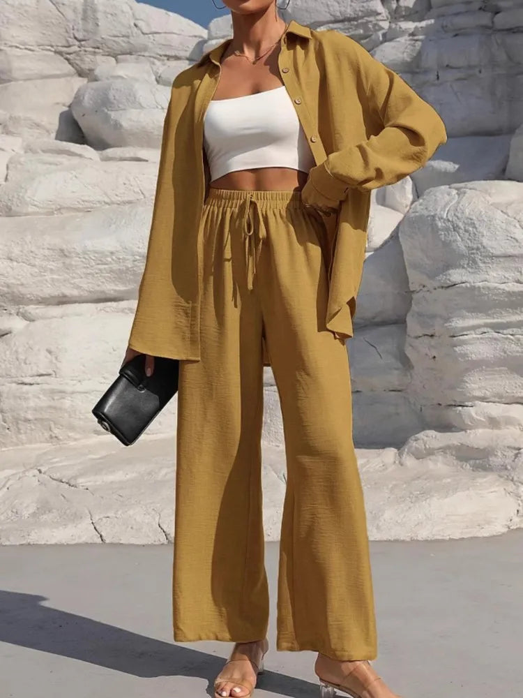 Fashion Solid Set For Women Casual Long Sleeve Turn-down Collar Shirt Tops+High Waist Wide Leg Pants 2 Pieces Sets Lady Clothes