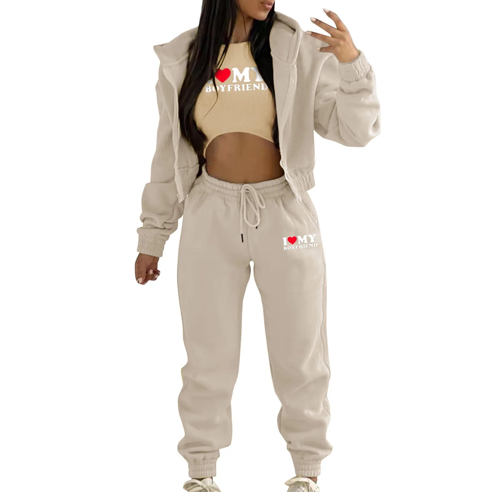 Beige knit hoodie and sweatpants set with letter print for loungewear.
