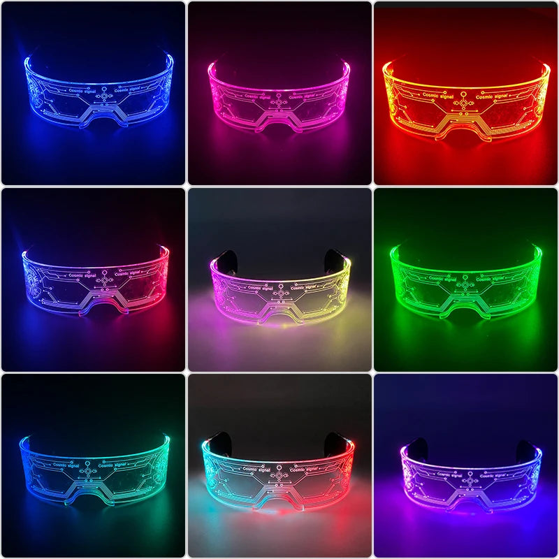 LED festival glasses with glowing circuit board illumination and crystal bead accents