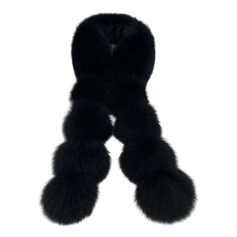 Black long faux fox fur scarf with pom-pom clusters on both ends.