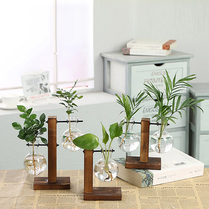Glass Bulb Vase on Wooden Stand for Desk Decor and Office Display