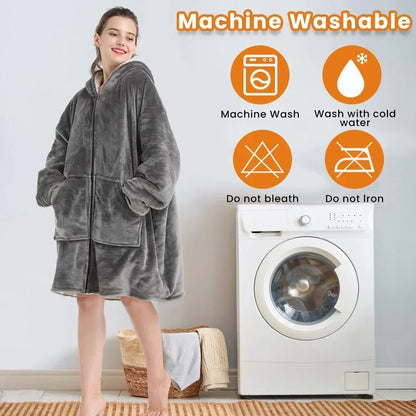 Unisex Fleece Hoodie Sweatshirt Blanket With Front Zipper And Deep Pockets In An Oversized Wearable Design
