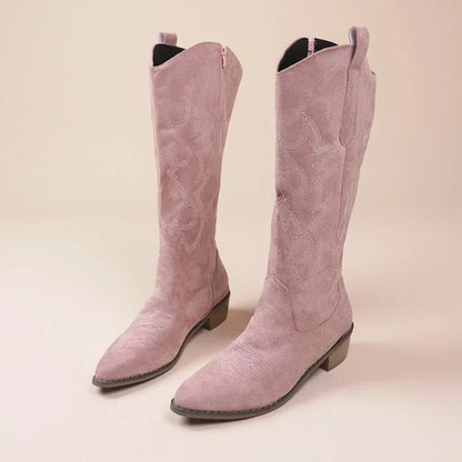 Embroidered Western Cowboy Boots for Women - Pointed Toe Knee High Boots with Thick Heel