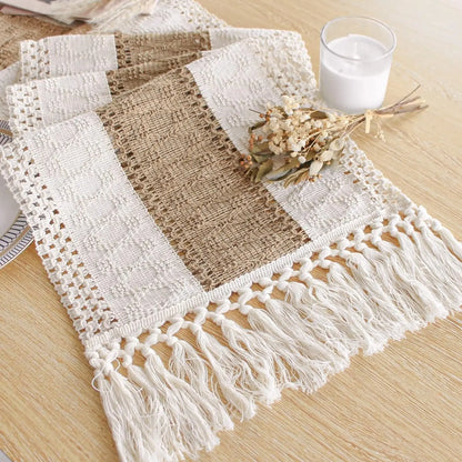 Rustic Burlap Table Runner with Crochet Lace Edge for Farmhouse Dining