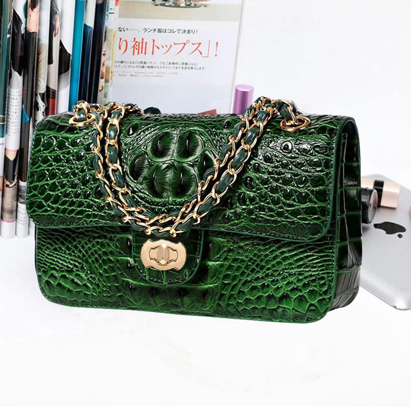 Textured Leather Crossbody Bag With Crocodile Pattern And Durable Build And Everyday Chain Strap