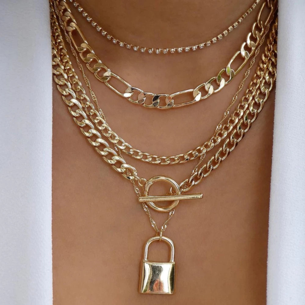 Necklace layered crystal pendant set with rhinestones and lock charm