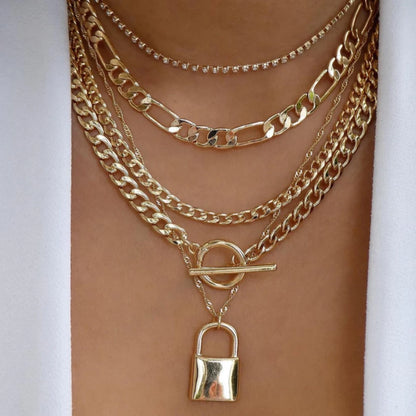Necklace layered crystal pendant set with rhinestones and lock charm