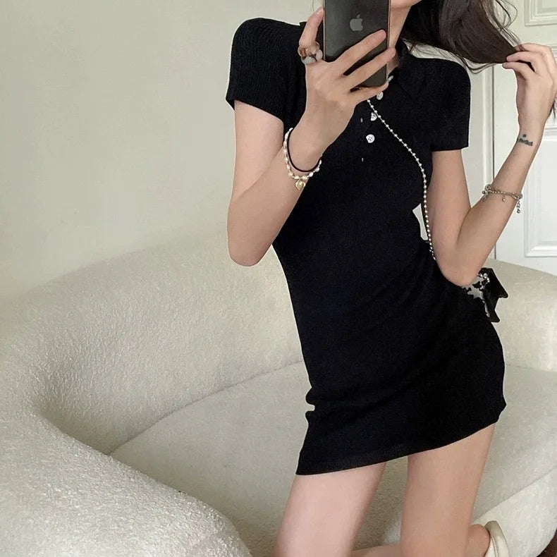 Breathable Polo Neck Knit Dress with Hollow Out Panels for Beachwear
