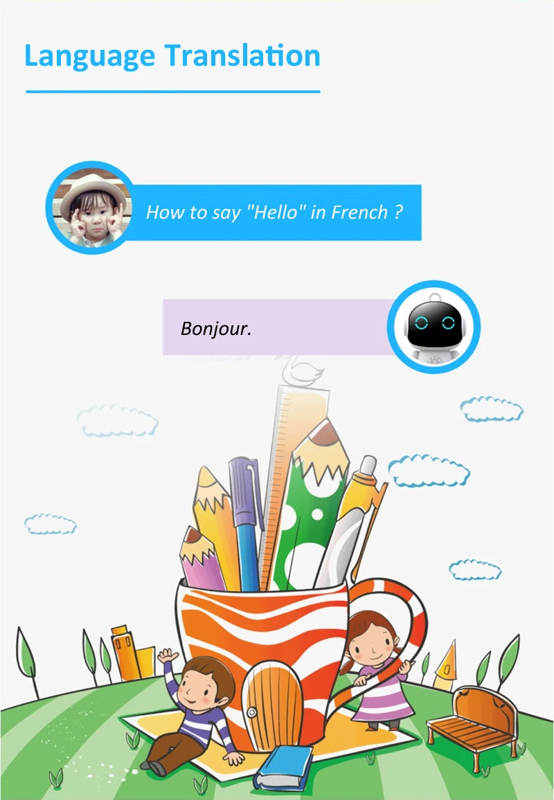White plastic education robot with interactive display screen showing French translation for language learning games.