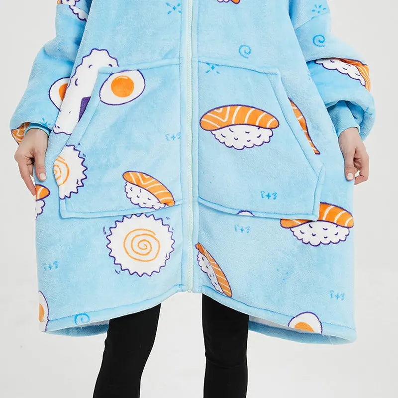 Unisex Ultra Thick Lamb Velvet Pajamas With Hooded Blanket And Zipper For Winter Sleepwear