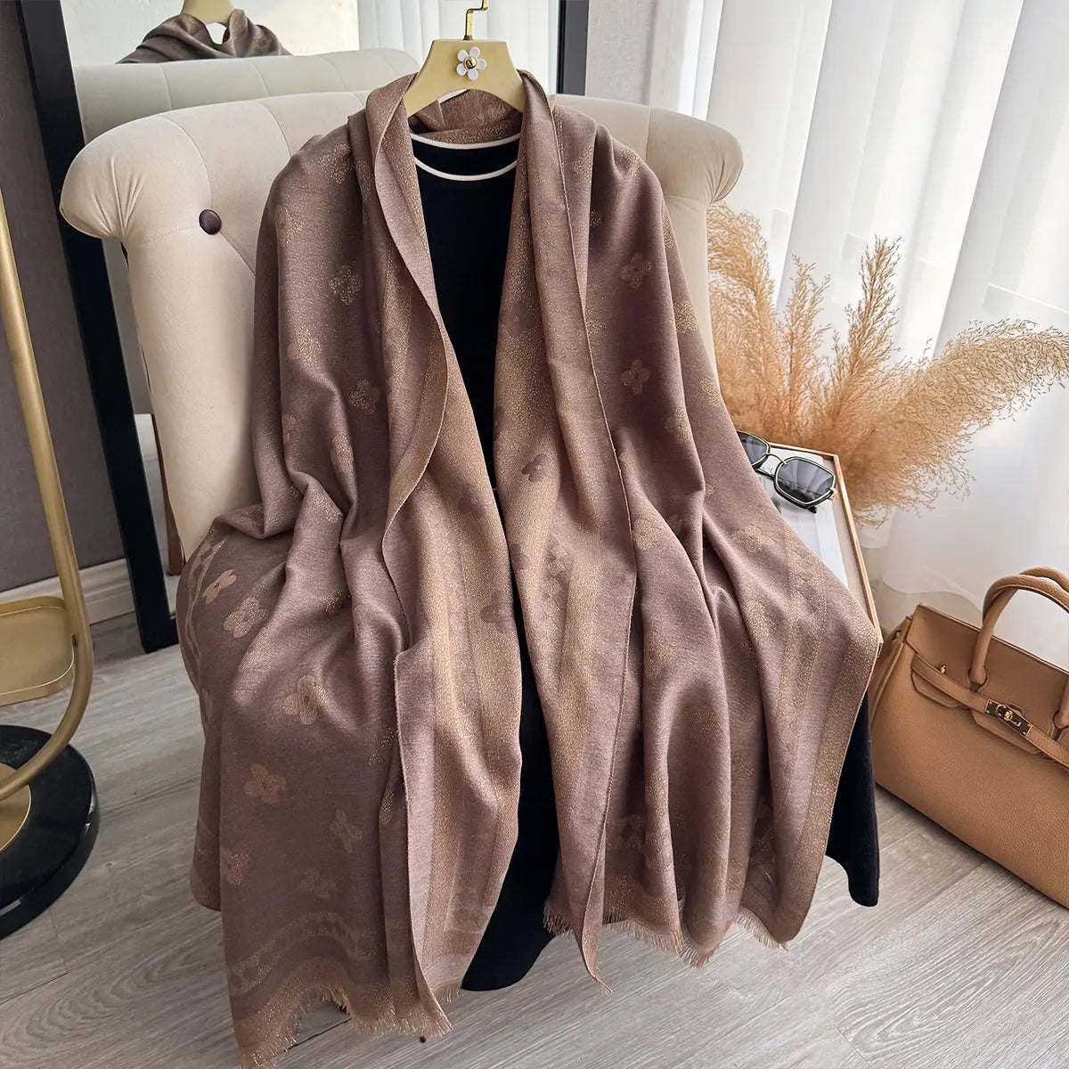 Golden Thread Shawl Lightweight Draping for Resort Wear