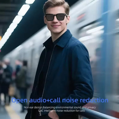 Man wearing black frame lightweight smart wearables with built-in camera for real-time translation during travel.