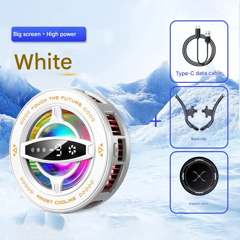 White circular magnetic phone cooling fan with RGB lighting and digital display for mobile gaming.