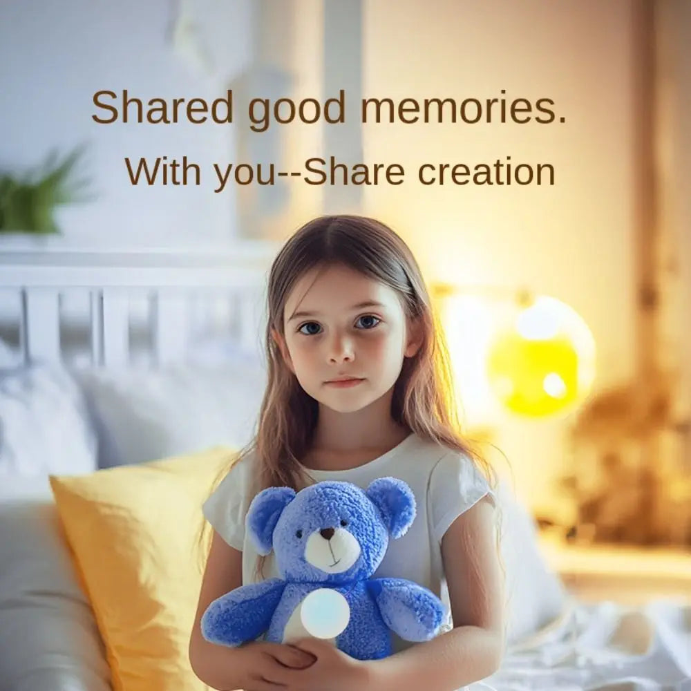 Blue plush robot toy with adaptive conversation held by a girl for interactive play and learning.