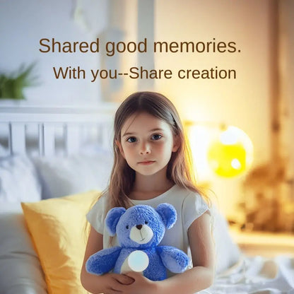 Blue plush robot toy with adaptive conversation held by a girl for interactive play and learning.