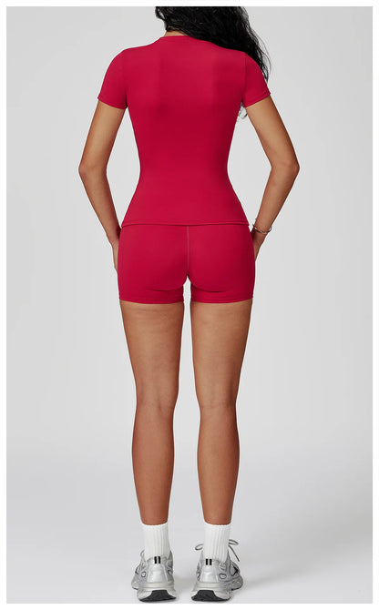 Women Yoga Set 2PCS Workout Set Sportswear Gym Clothing Fitness Long Sleeve High Waist Leggings Cycling Shorts WORKOUT REVOLUTION