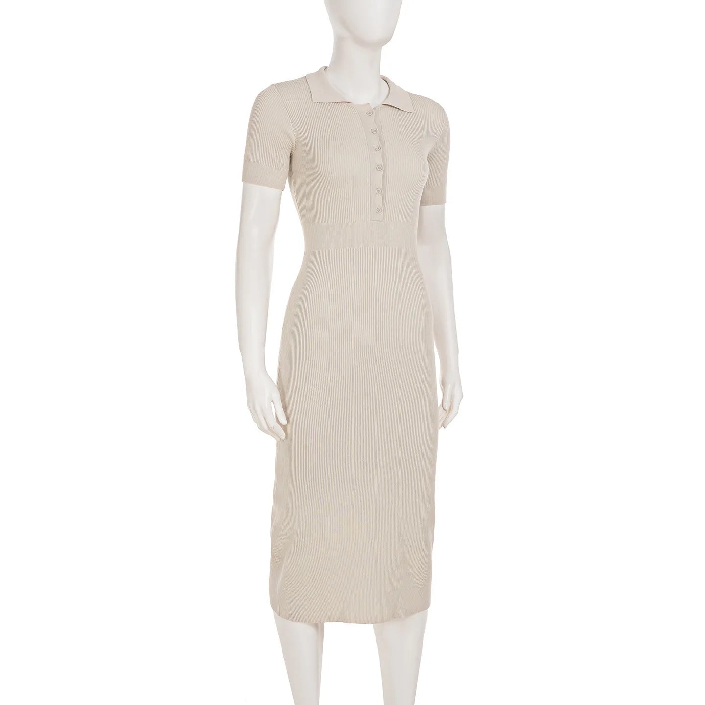 Lightweight Maxi Dress with Hollow Out Knit Polo Neck and Button Front