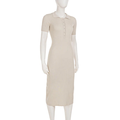 Lightweight Maxi Dress with Hollow Out Knit Polo Neck and Button Front