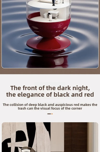 Red and clear cylindrical trash can showing miniature room dioramas inside, standing on a dark water surface.