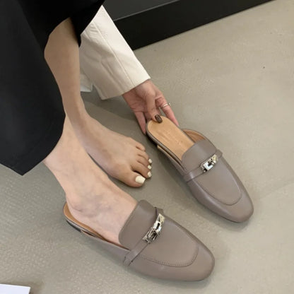 2025 Summer Autumn New Women's Leather Comfortable Slip On Slippers Daily Metal Decoration Casual Outside Mules Female Sandals