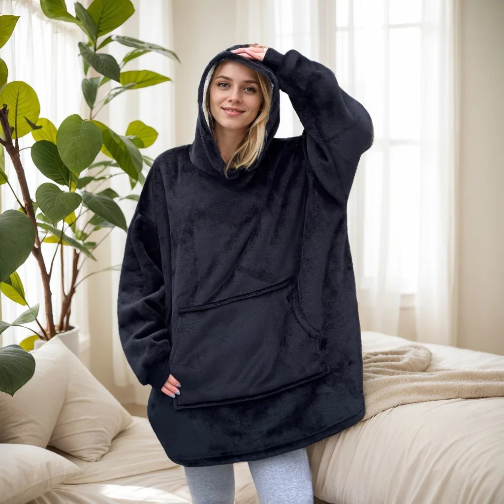 Women's Polyester Hooded Blanket with Kangaroo Pocket and Fleece Texture One Size