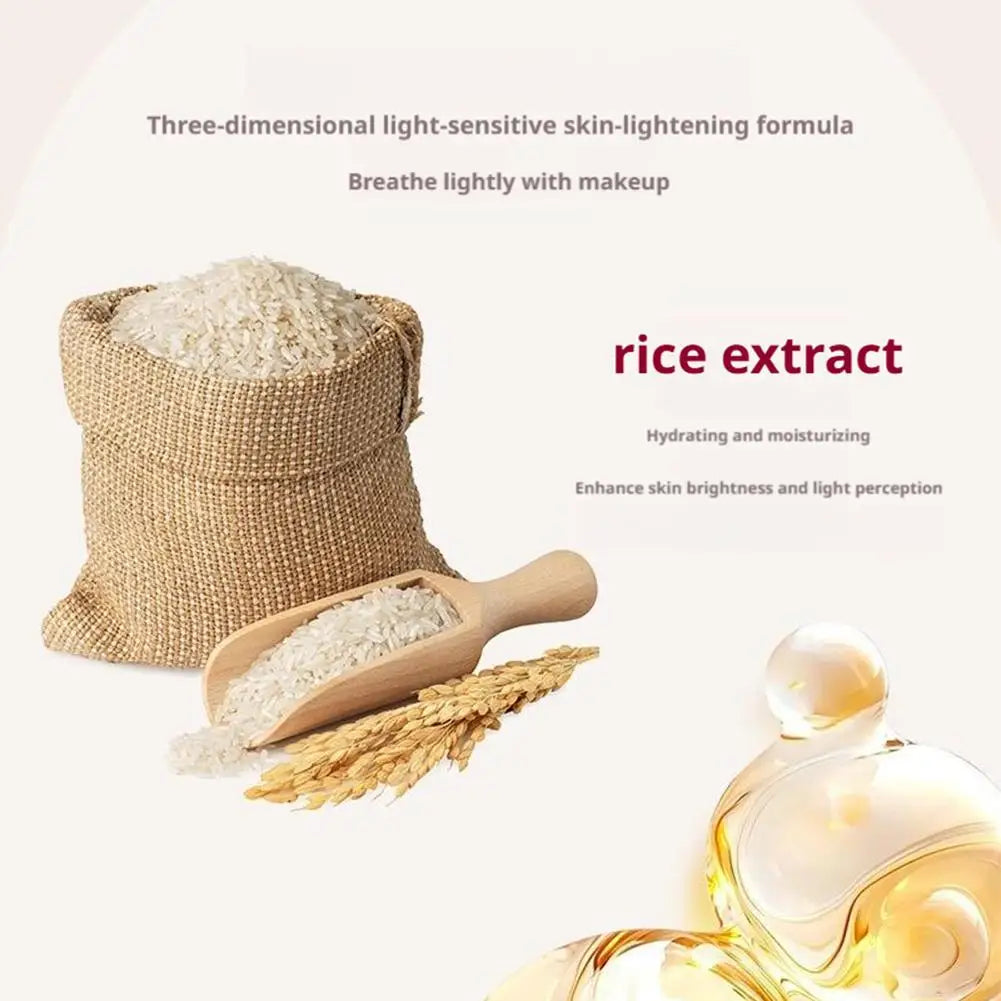A burlap sack of white rice, a wooden scoop of rice grains, rice stalks, and text about rice extract.