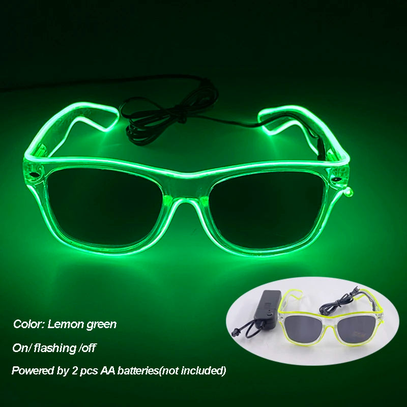 Festival glasses glowing with LED illumination and connected battery pack
