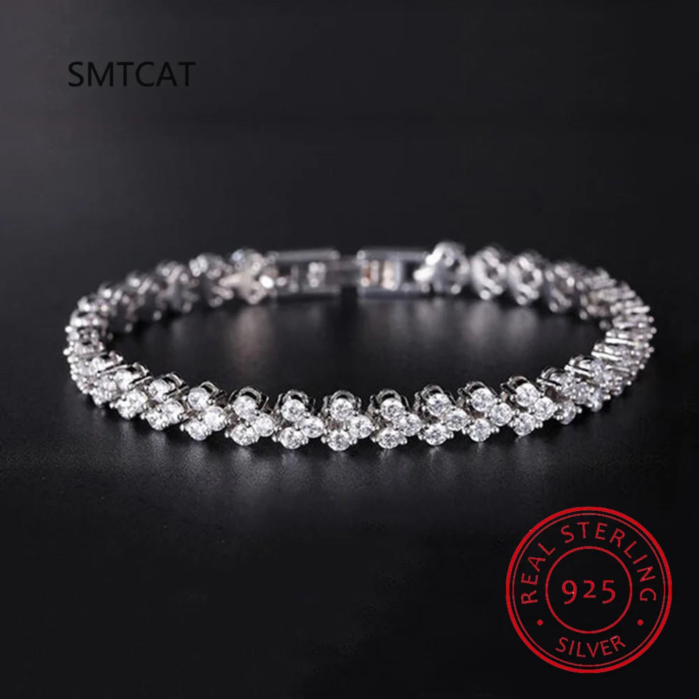 Shimmering Bracelet With Chain Link Cubic Zirconia Sterling Silver